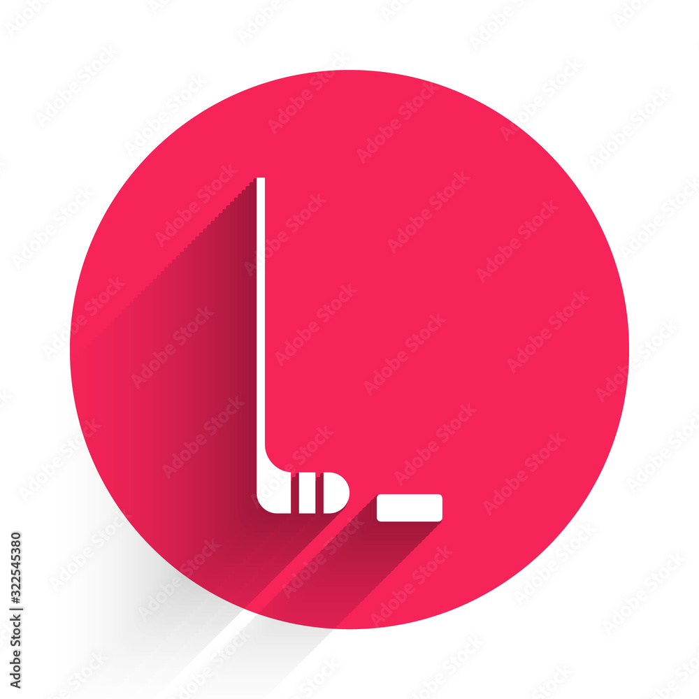 White Ice hockey stick and puck icon isolated with long shadow. Red circle button. Vector Illustrati