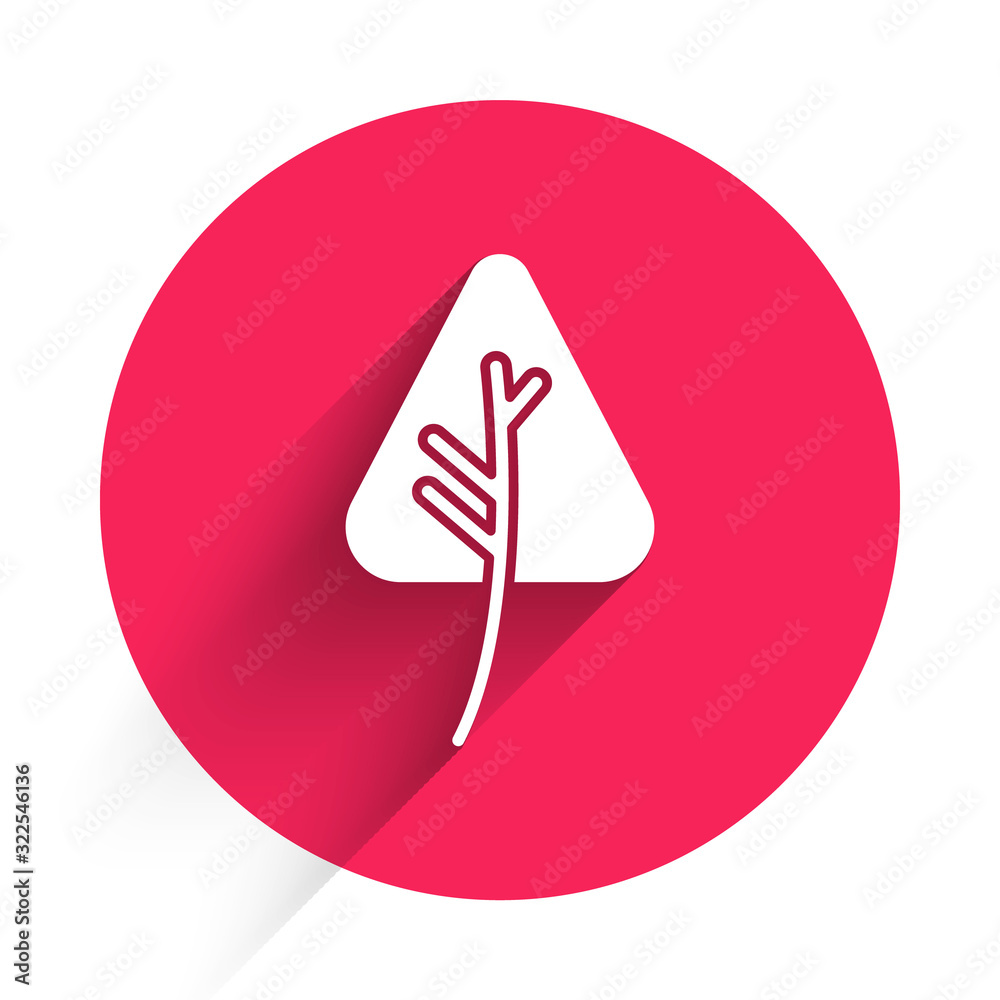 White Leaf icon isolated with long shadow. Leaves sign. Fresh natural product symbol. Red circle but