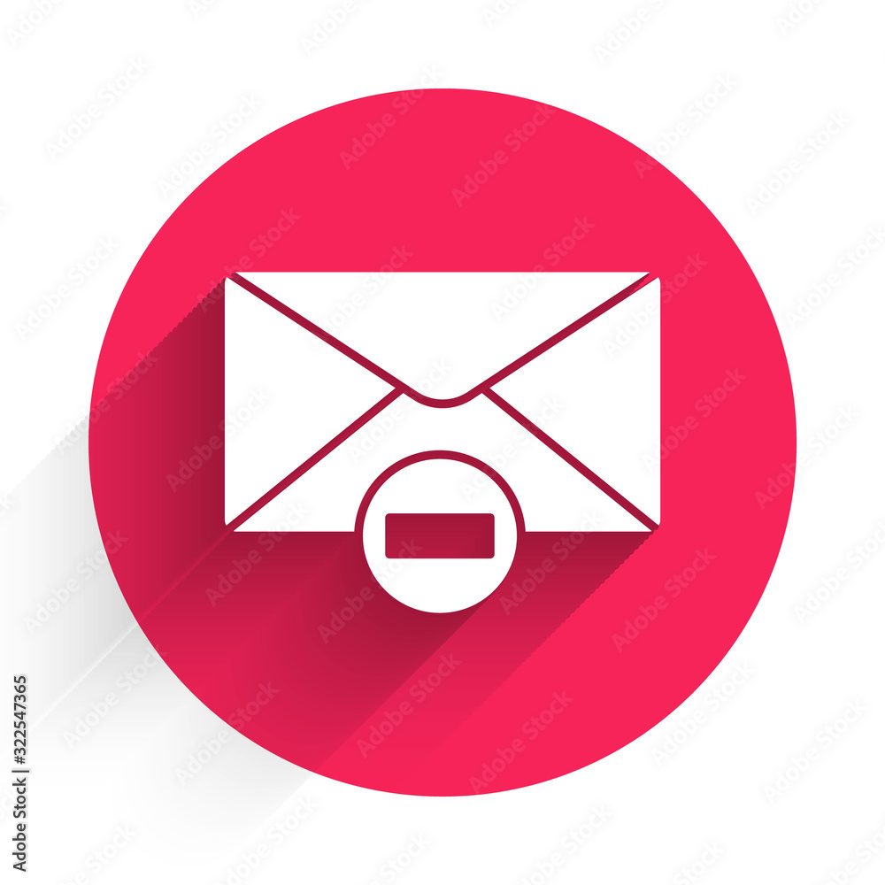 White Delete envelope icon isolated with long shadow. Delete or error letter. Cross on message. Reje