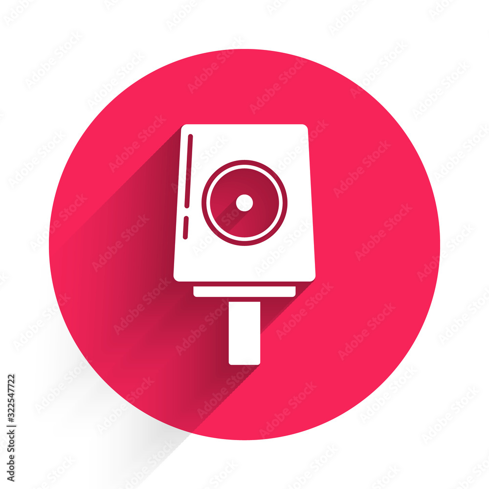 White Spray can nozzle cap icon isolated with long shadow. Red circle button. Vector Illustration