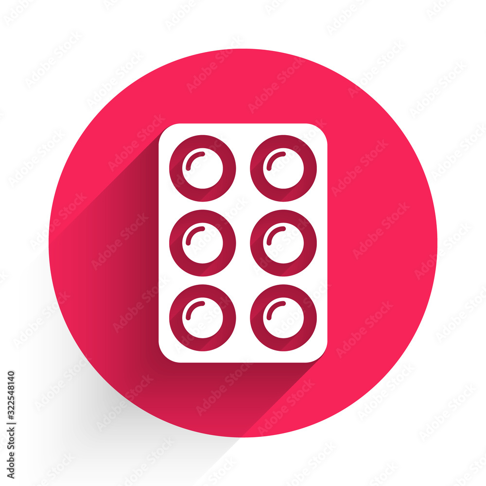 White Watercolor paints in box icon isolated with long shadow. Red circle button. Vector Illustratio