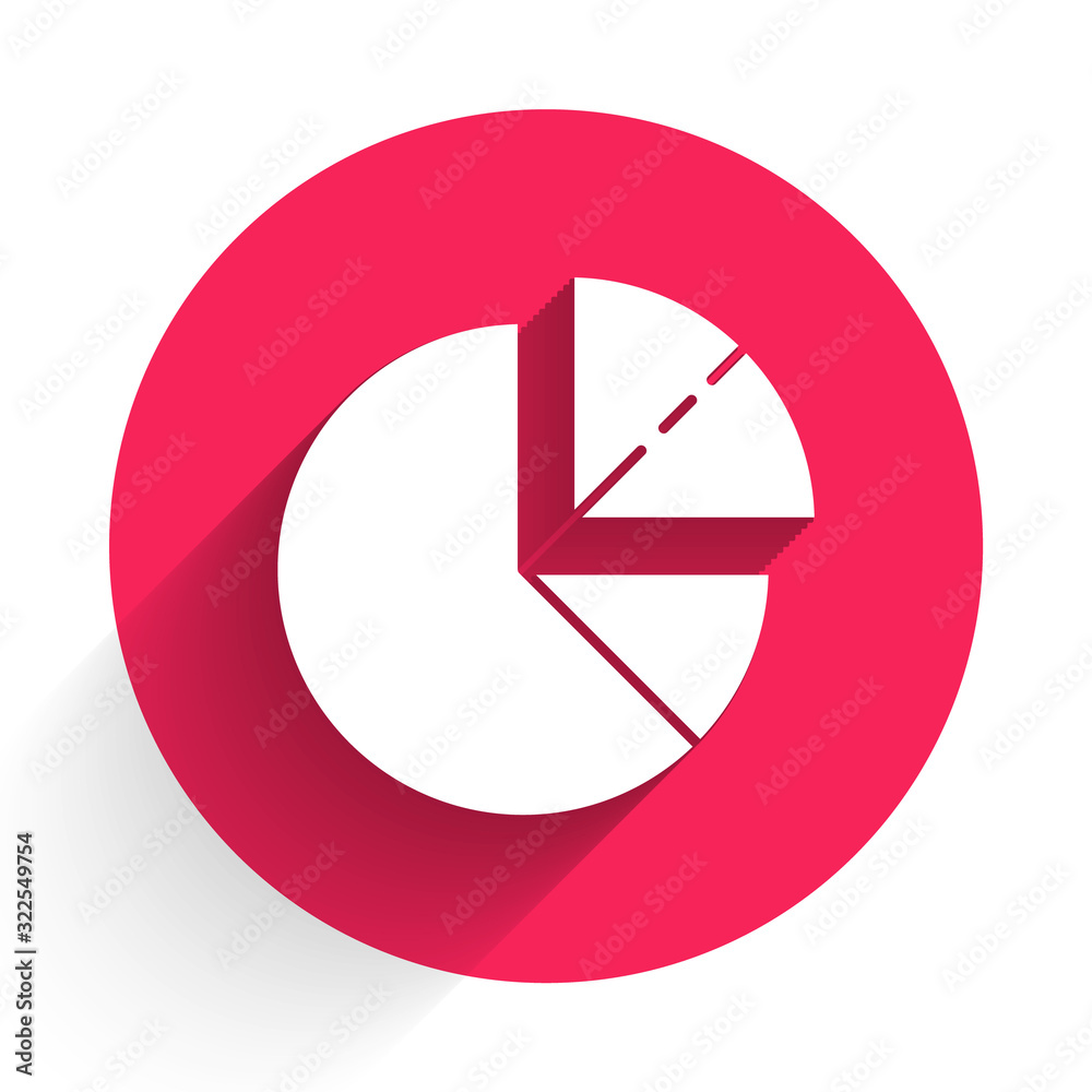 白色饼图信息图图标与长阴影隔离。图表符号。红色圆圈按钮.V