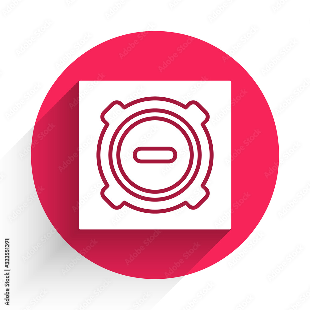 White Manhole sewer cover icon isolated with long shadow. Red circle button. Vector Illustration