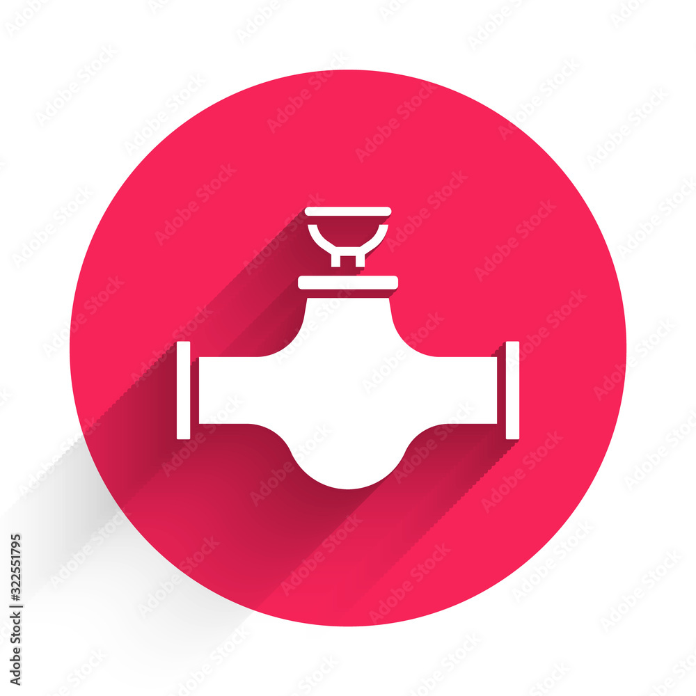 White Industry metallic pipe and valve icon isolated with long shadow. Red circle button. Vector Ill