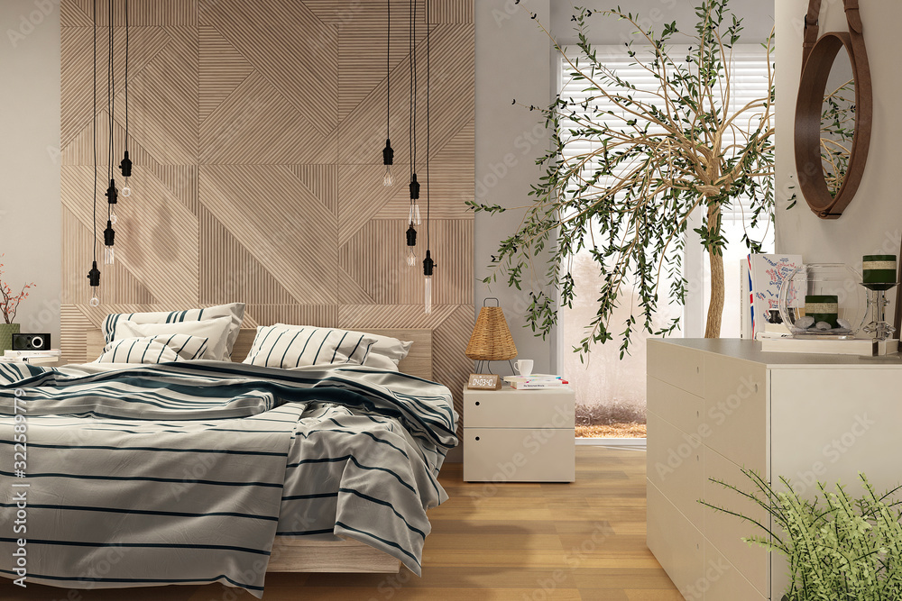 Modern bedroom interior with wooden decor in eco style	