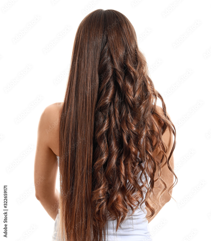 Beautiful woman with curly and smooth hair on white background, back view