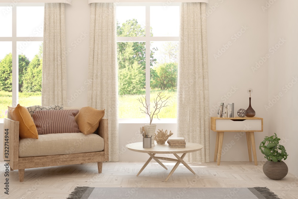 Mock up of stylish room in white color with armchair and green landscape in window. Scandinavian int