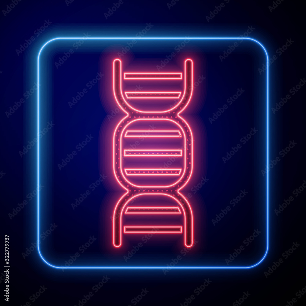 蓝色背景上分离的发光霓虹灯DNA符号图标。矢量插图