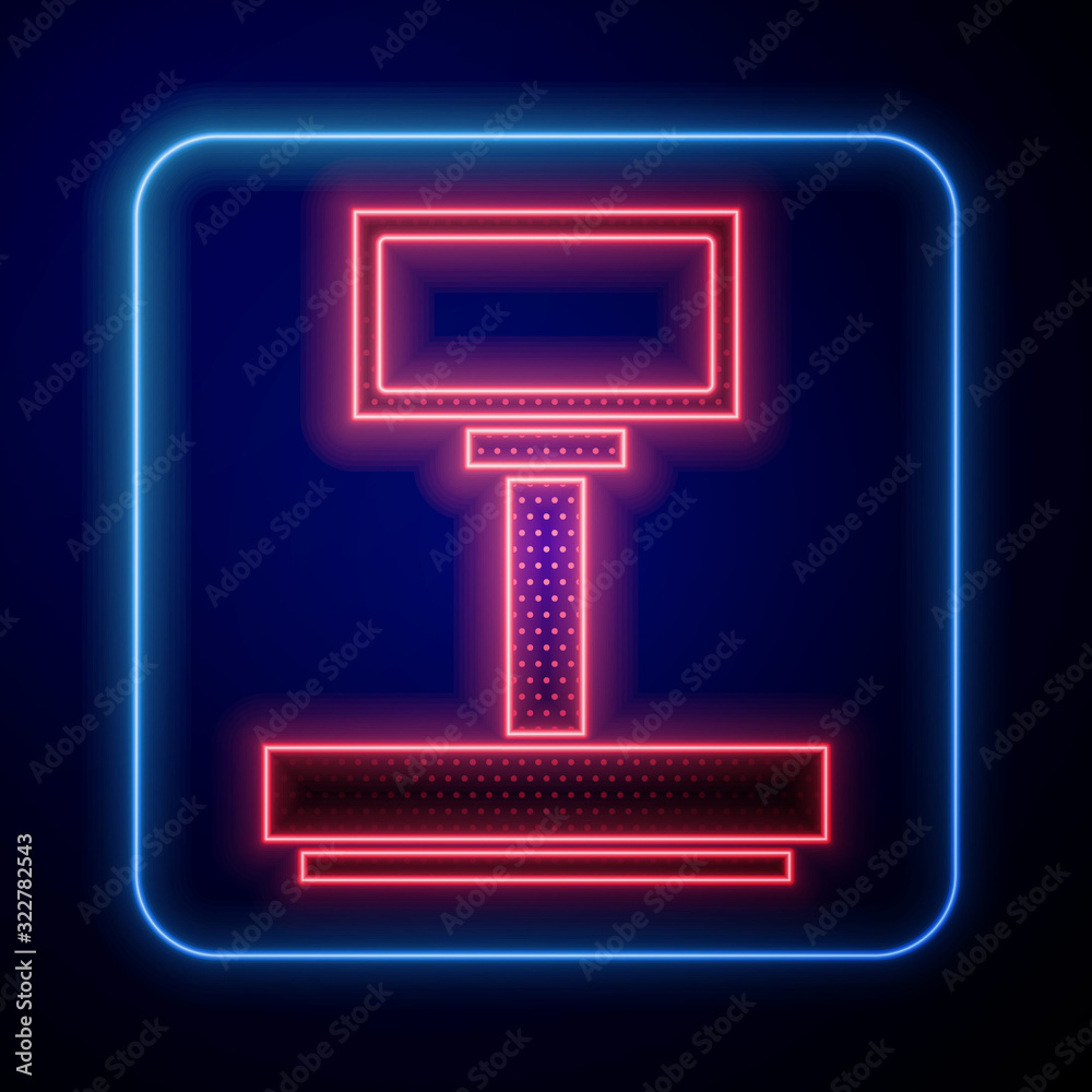 Glowing neon Scale icon isolated on blue background. Logistic and delivery. Weight of delivery packa