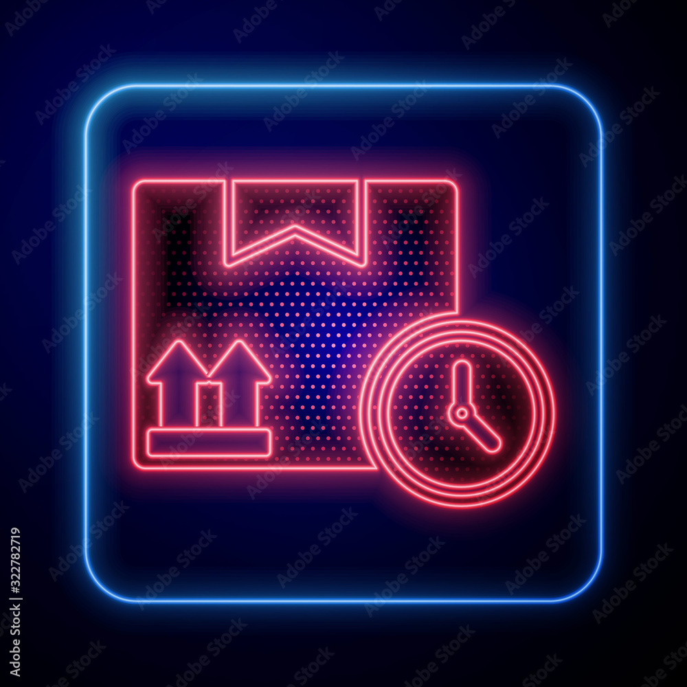 Glowing neon Carton cardboard box and fast time delivery icon isolated on blue background. Box, pack