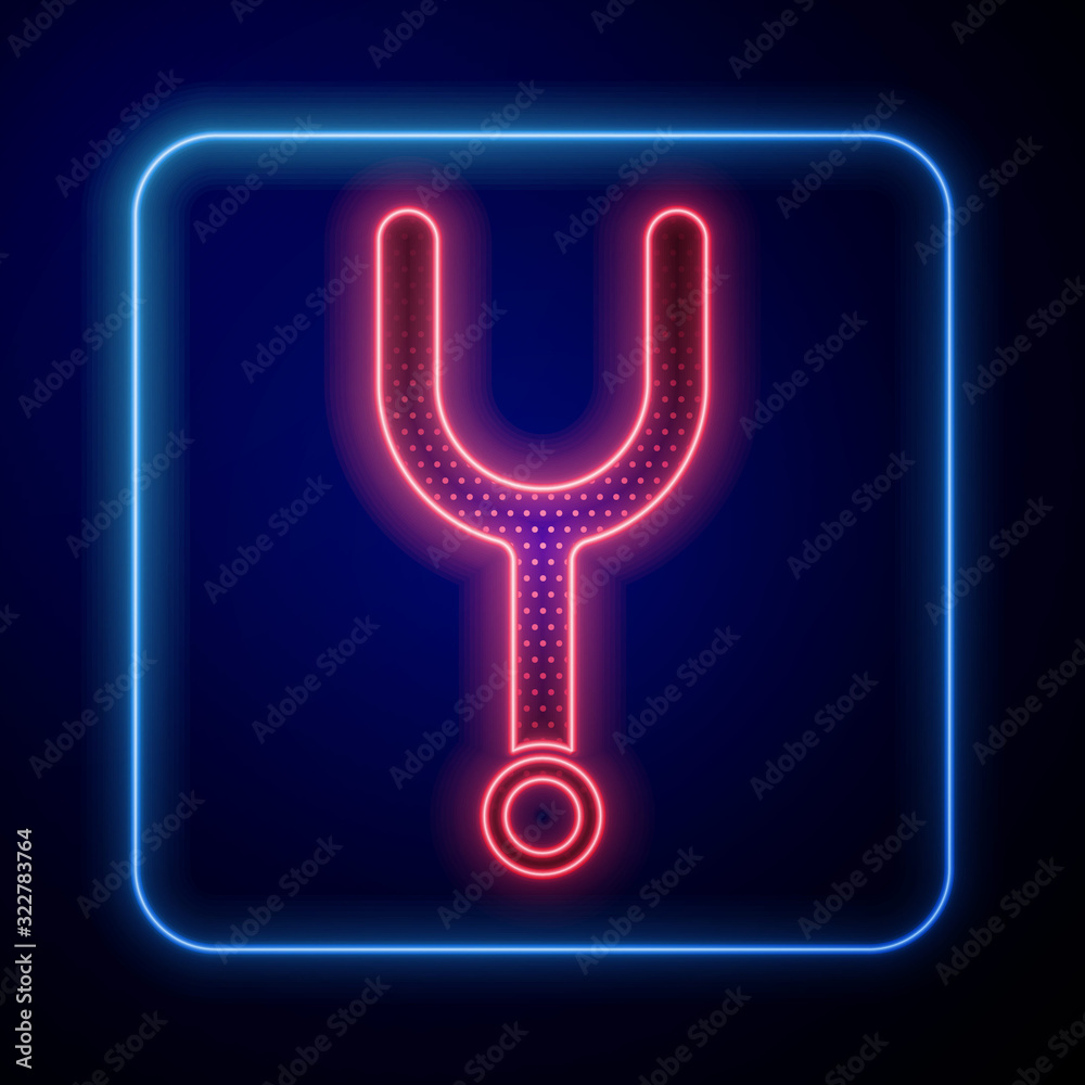 Glowing neon Musical tuning fork for tuning musical instruments icon isolated on blue background.  V