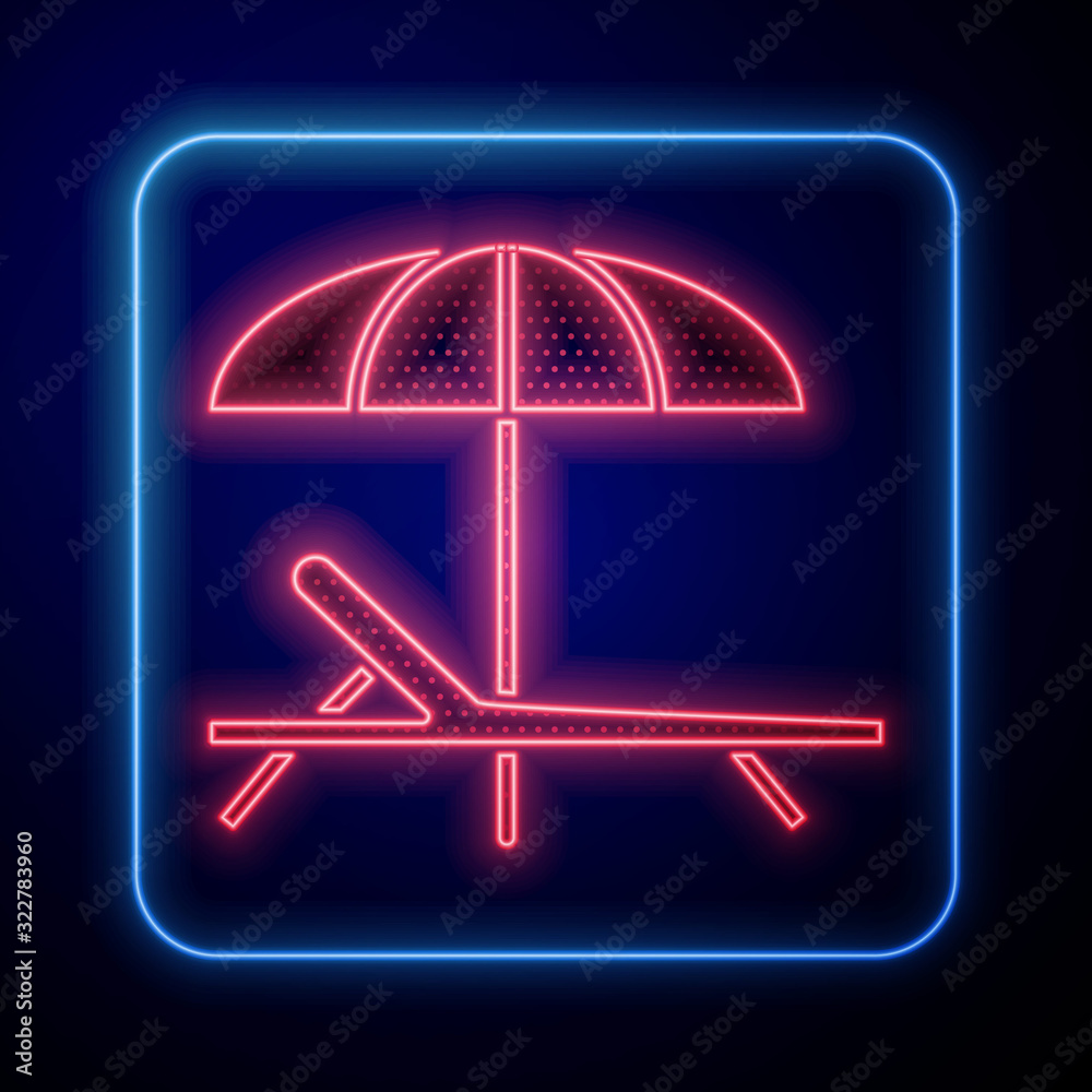 Glowing neon Sunbed icon isolated on blue background. Beach umbrella and Sun lounger.  Vector Illust