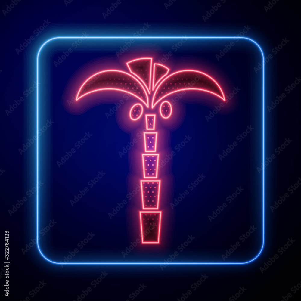 Glowing neon Tropical palm tree icon isolated on blue background. Coconut palm tree.  Vector Illustr