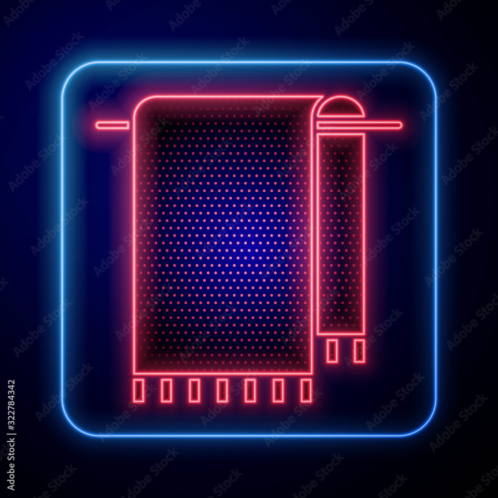 Glowing neon Towel on a hanger icon isolated on blue background. Bathroom towel icon.  Vector Illust