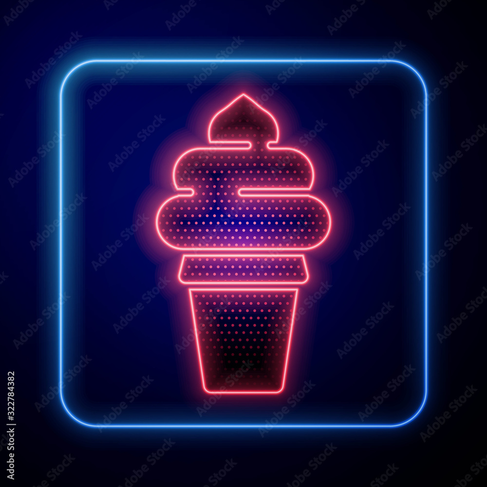 Glowing neon Ice cream in waffle cone icon isolated on blue background. Sweet symbol.  Vector Illust