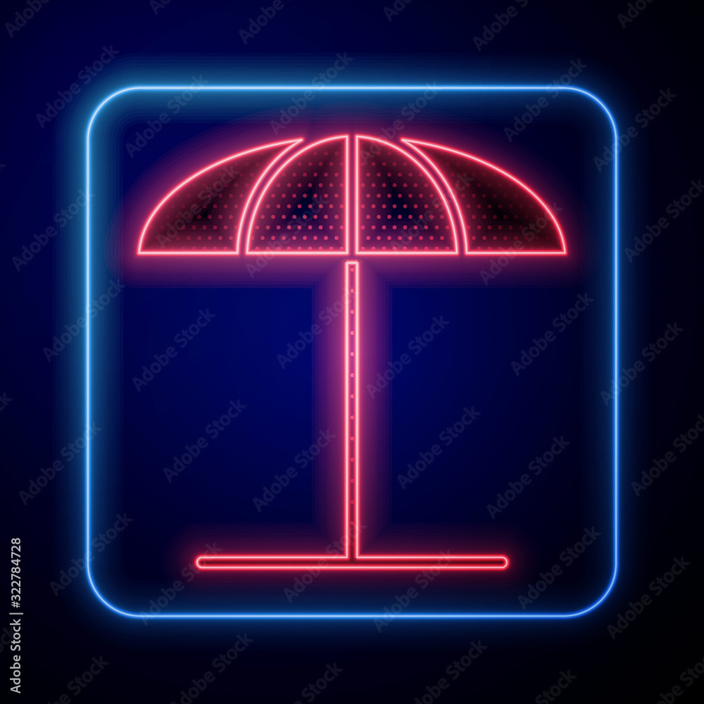 Glowing neon Sun protective umbrella for beach icon isolated on blue background. Large parasol for o