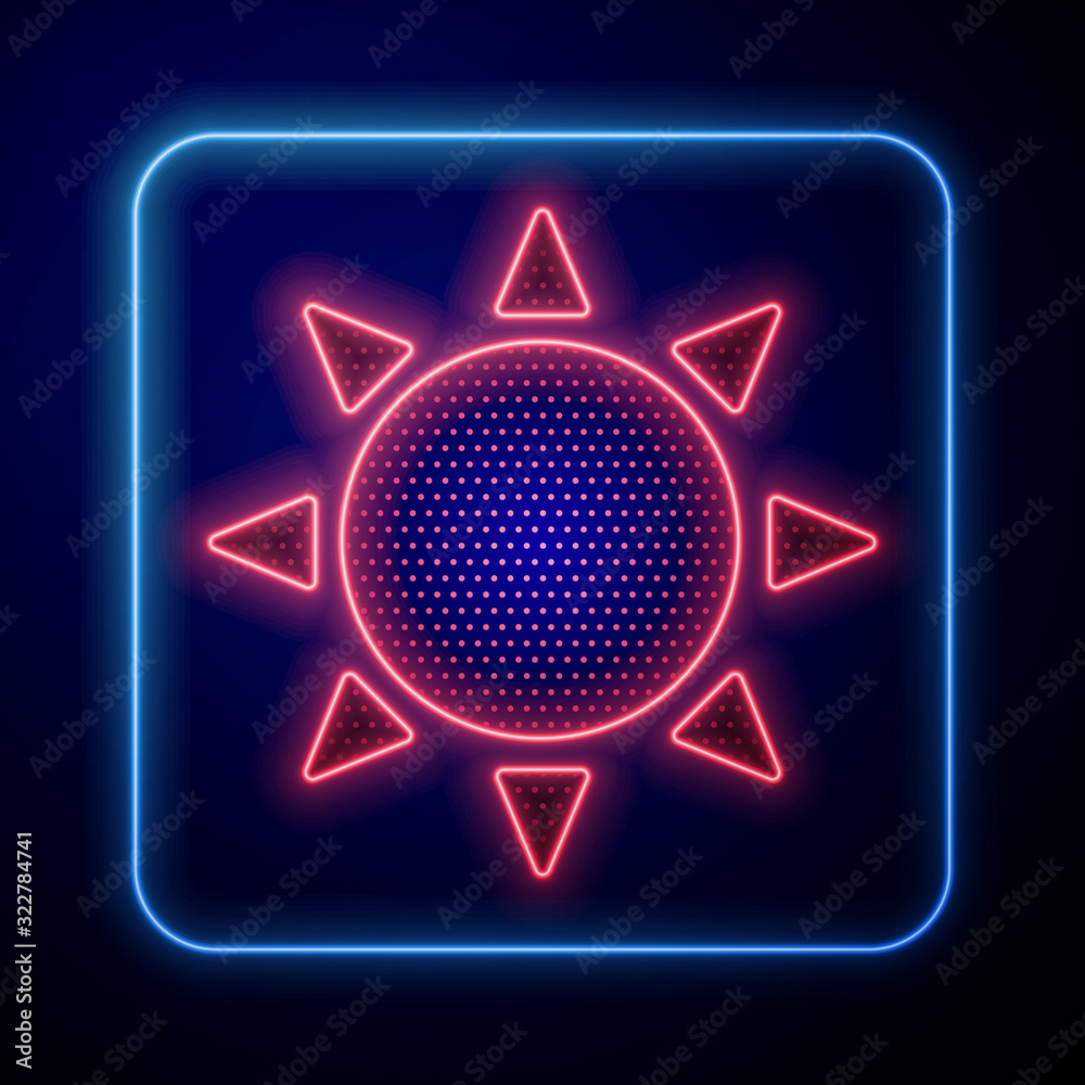 Glowing neon Sun icon isolated on blue background. Summer symbol. Good sunny day.  Vector Illustrati