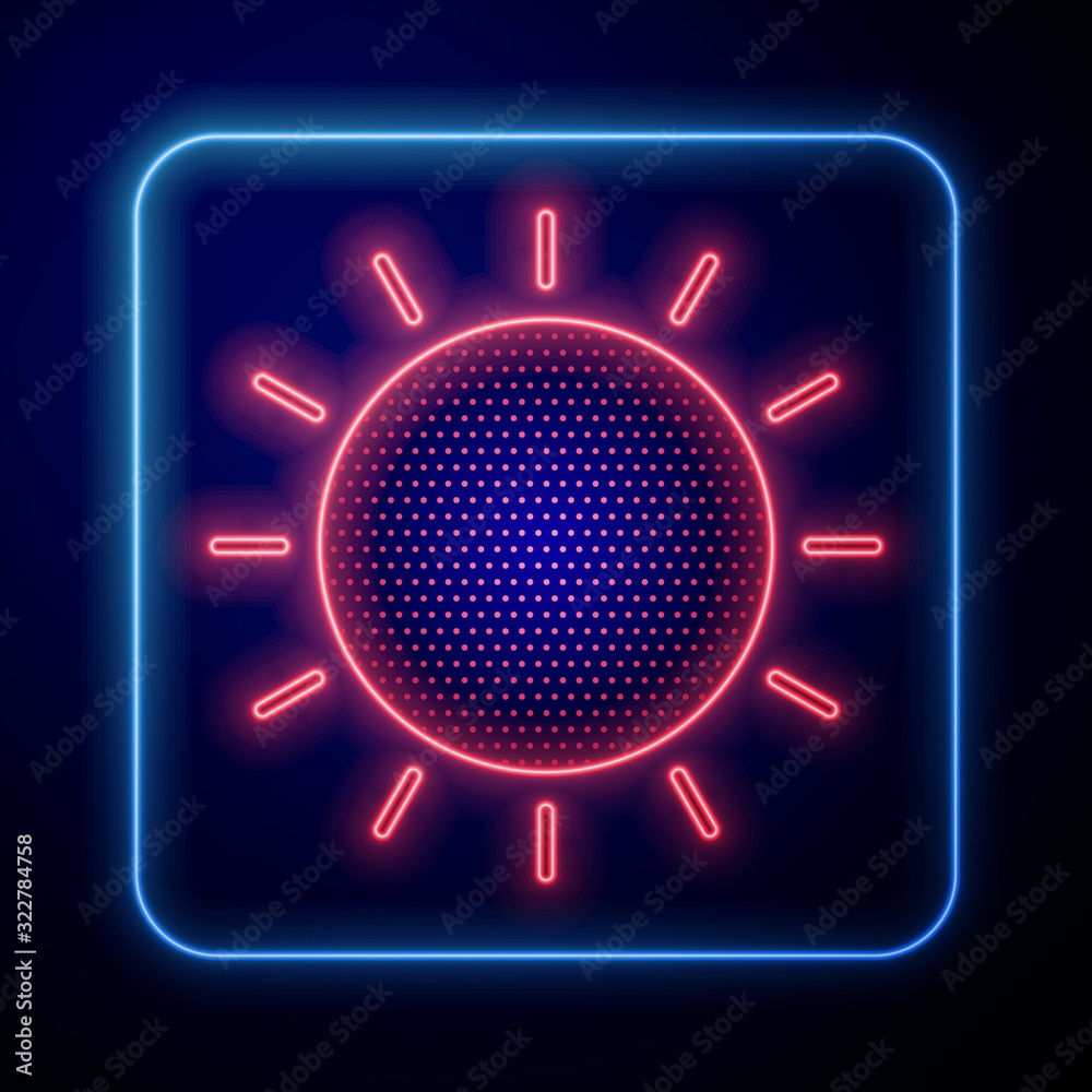 Glowing neon Sun icon isolated on blue background. Summer symbol. Good sunny day.  Vector Illustrati