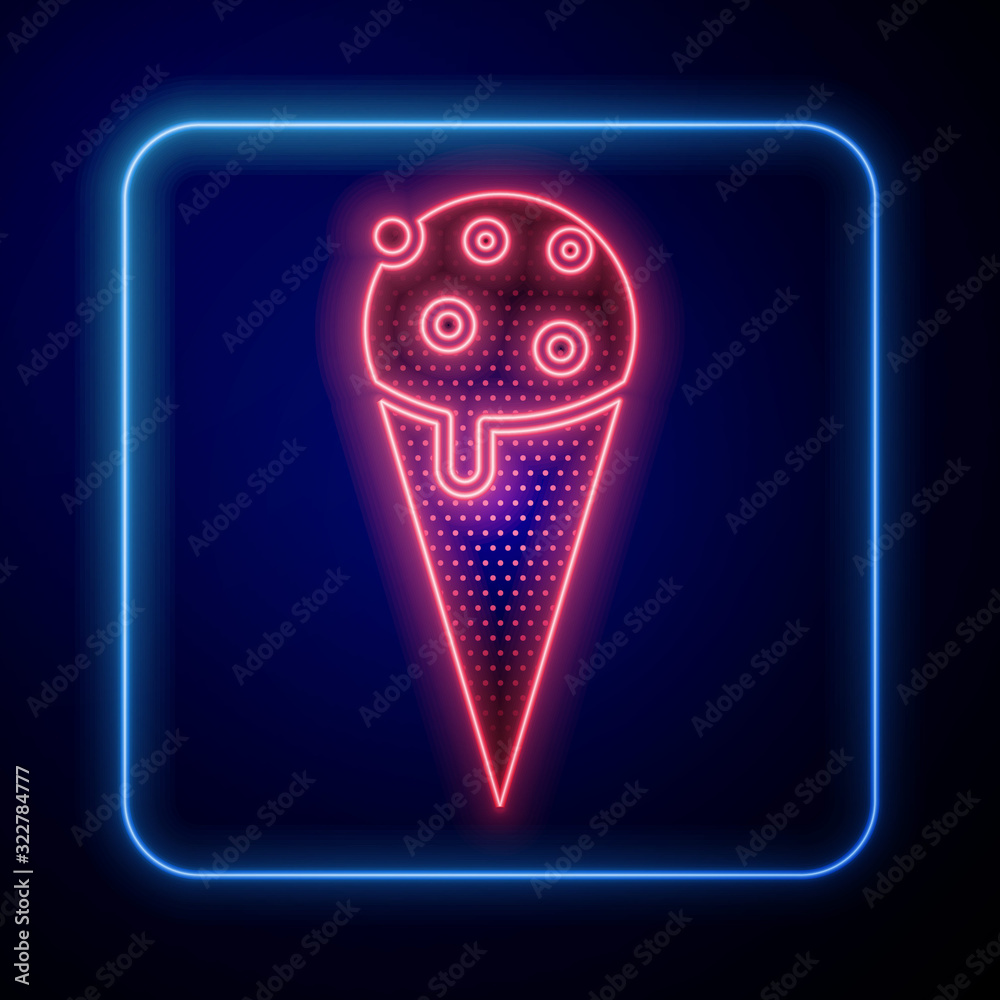 Glowing neon Ice cream in waffle cone icon isolated on blue background. Sweet symbol.  Vector Illust