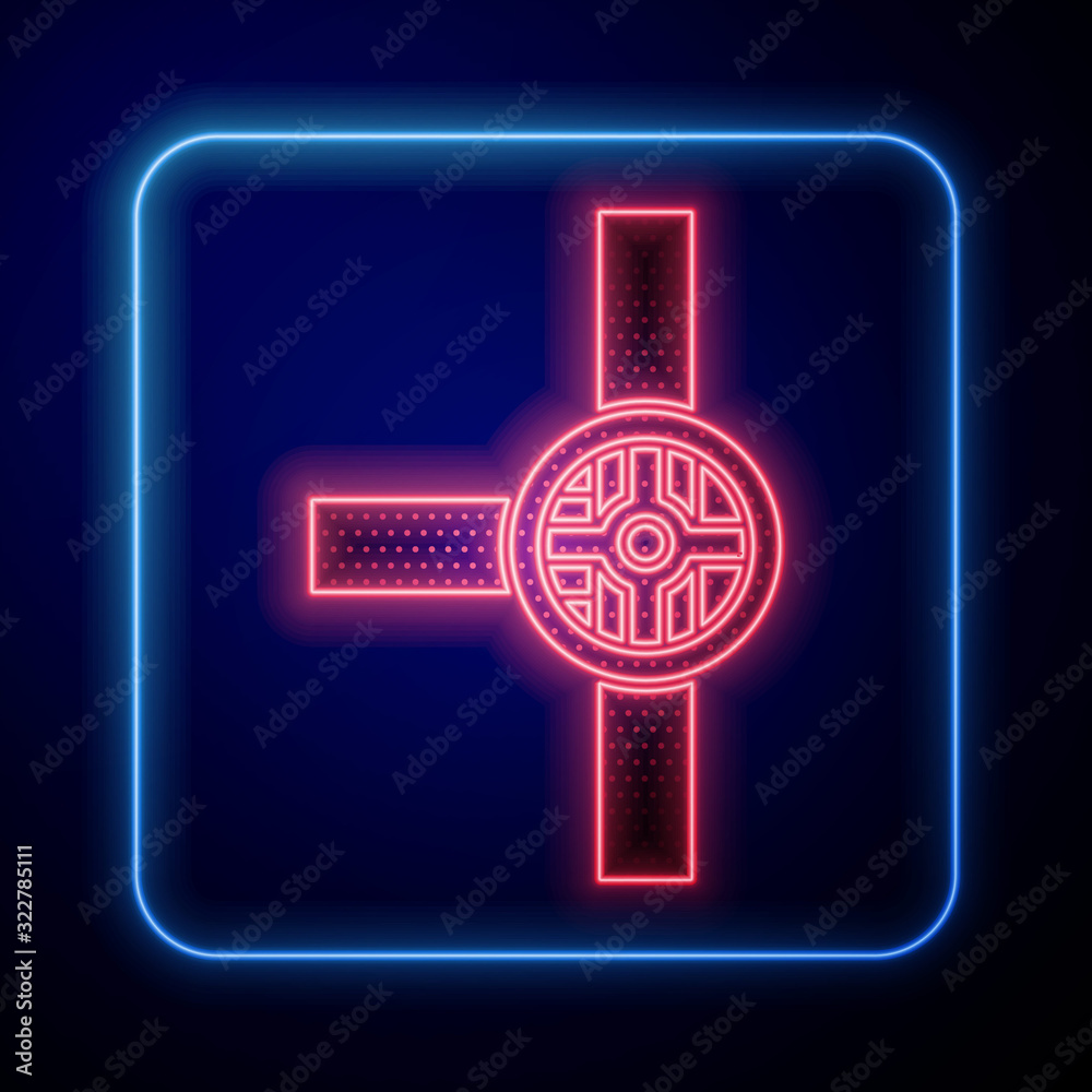 Glowing neon Industry metallic pipes and valve icon isolated on blue background.  Vector Illustratio