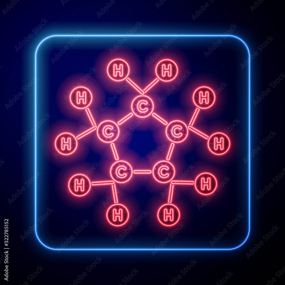 Glowing neon Molecule oil icon isolated on blue background. Structure of molecules in chemistry.  Ve