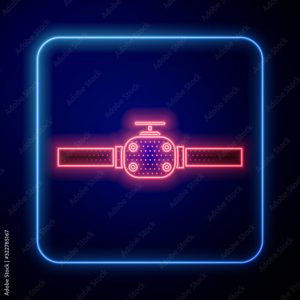 Glowing neon Industry metallic pipes and valve icon isolated on blue background.  Vector Illustratio