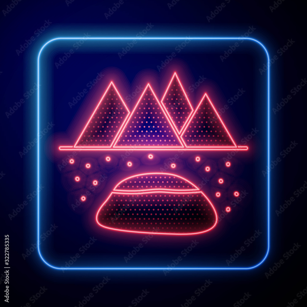 Glowing neon Oilfield icon isolated on blue background. Natural resources, oil and gas production.  