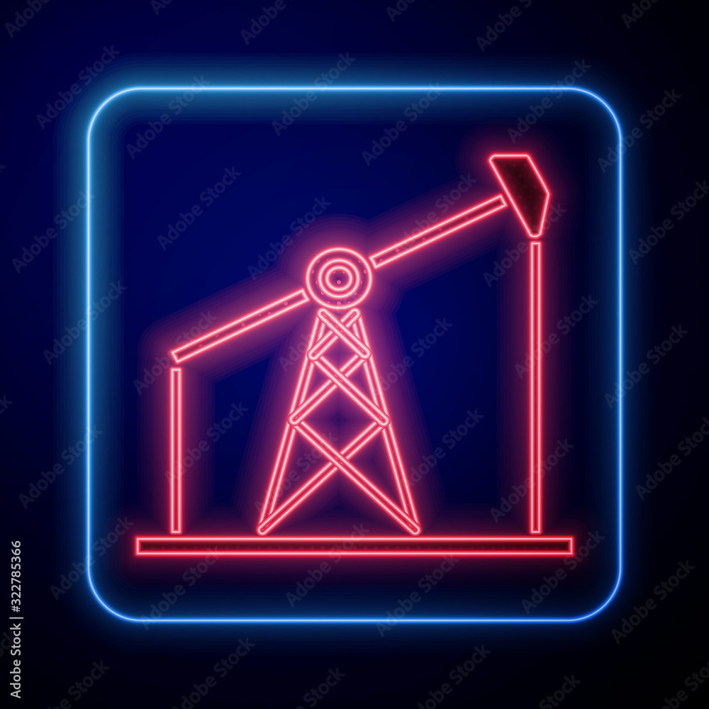 Glowing neon Oil pump or pump jack icon isolated on blue background. Oil rig.  Vector Illustration