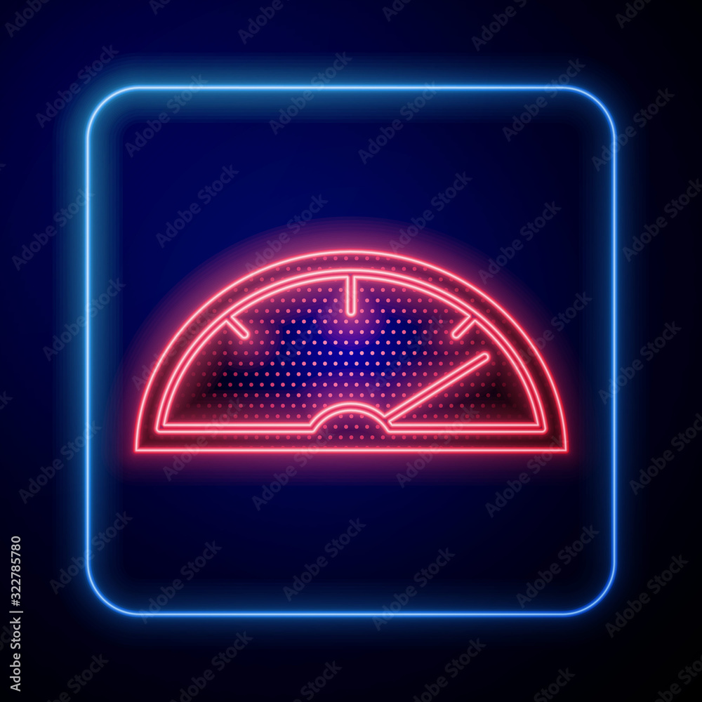 Glowing neon Speedometer icon isolated on blue background.  Vector Illustration