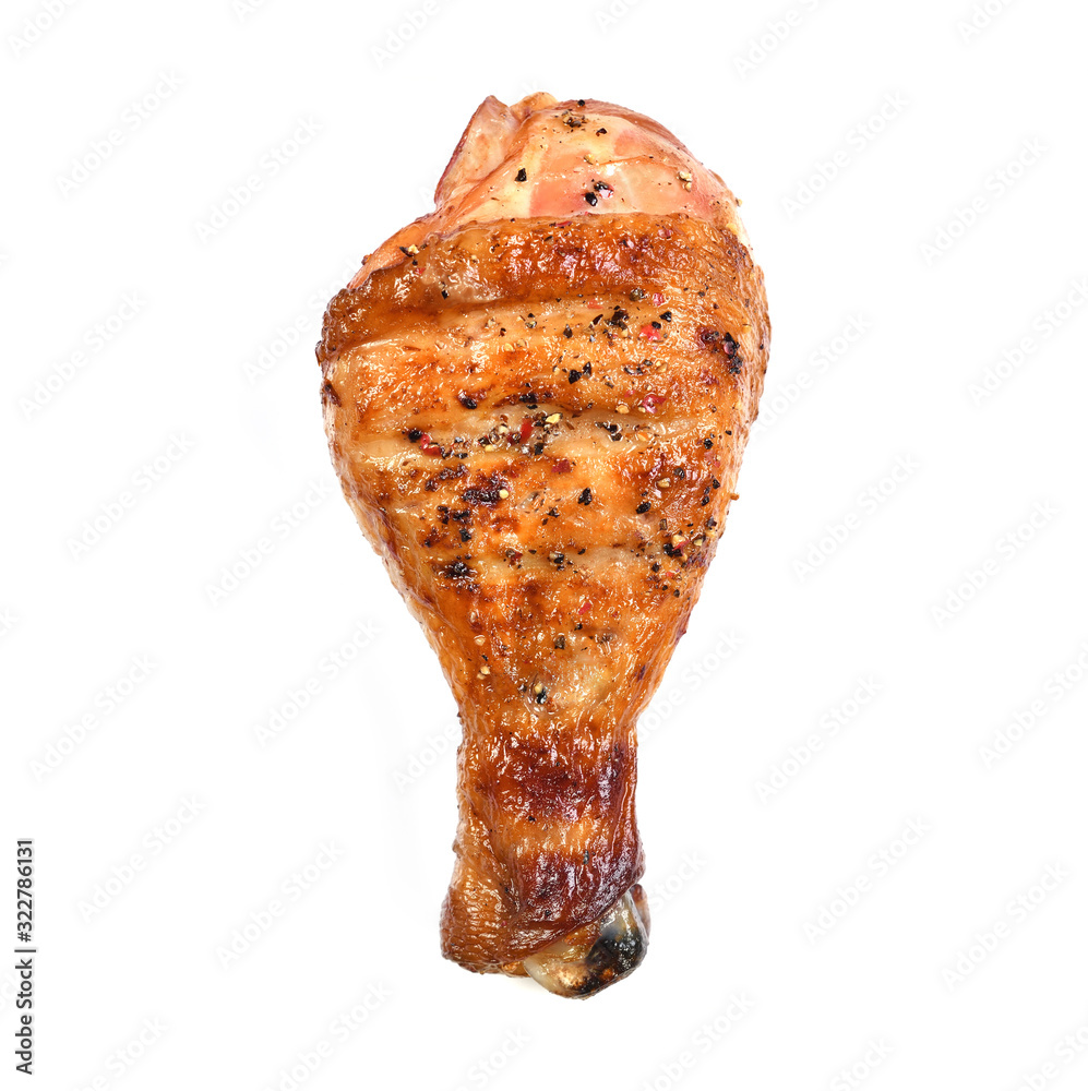 Grilled roasted bbq chicken leg isolated on white background