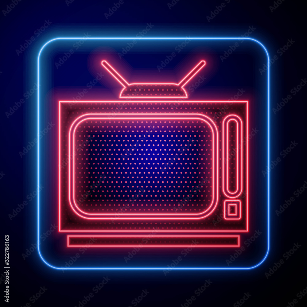 Glowing neon Retro tv icon isolated on blue background. Television sign.  Vector Illustration