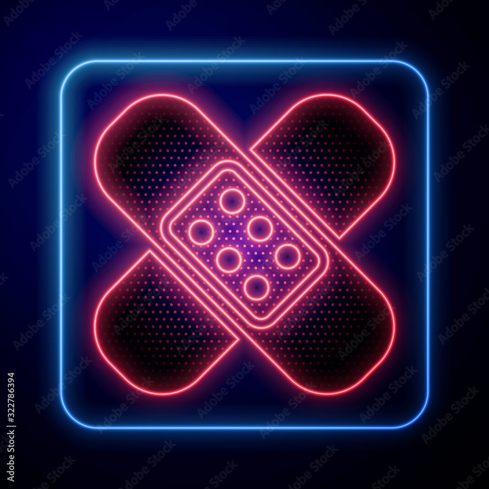 Glowing neon Crossed bandage plaster icon isolated on blue background. Medical plaster, adhesive ban