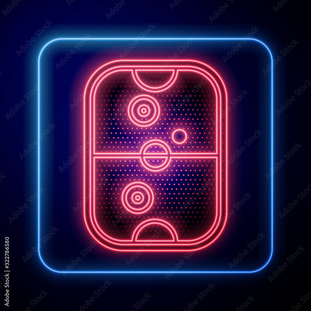 Glowing neon Air hockey table icon isolated on blue background.  Vector Illustration