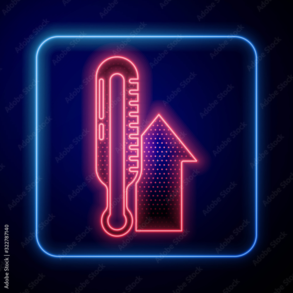 Glowing neon Meteorology thermometer measuring icon isolated on blue background. Thermometer equipme