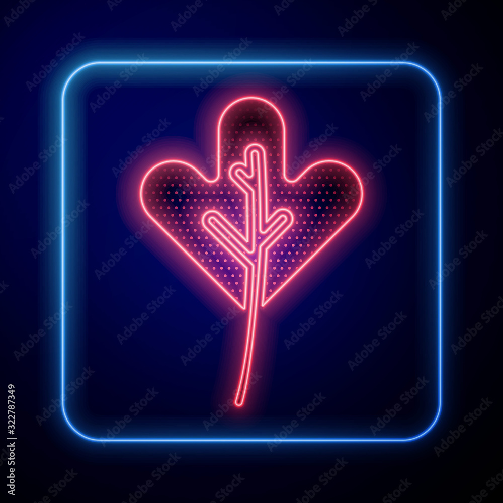 Glowing neon Leaf icon isolated on blue background. Leaves sign. Fresh natural product symbol.  Vect