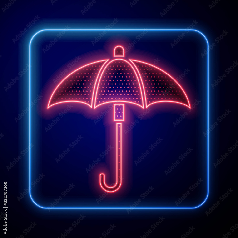 Glowing neon Classic elegant opened umbrella icon isolated on blue background. Rain protection symbo