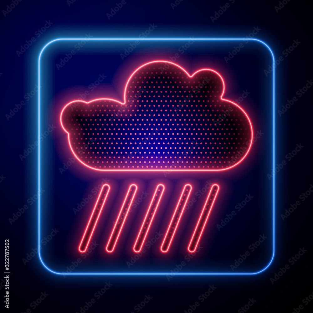 Glowing neon Cloud with rain icon isolated on blue background. Rain cloud precipitation with rain dr