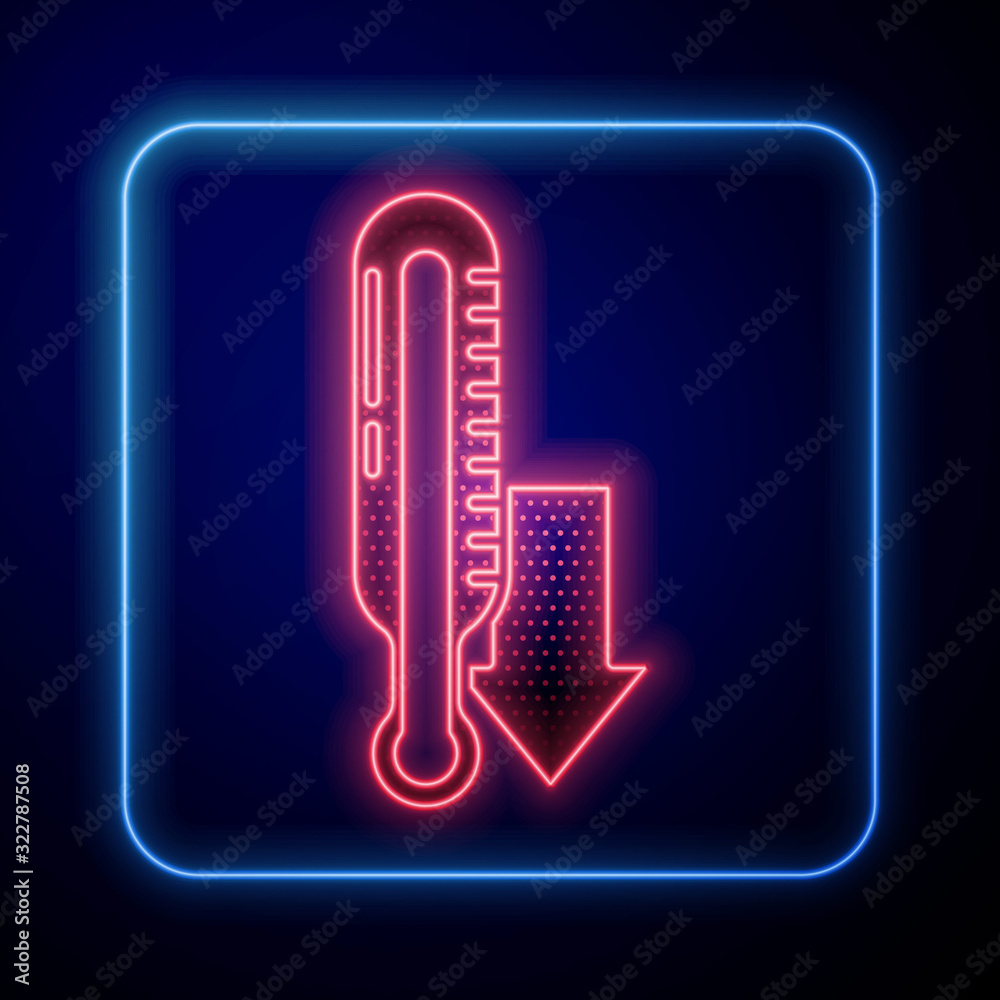 Glowing neon Meteorology thermometer measuring icon isolated on blue background. Thermometer equipme