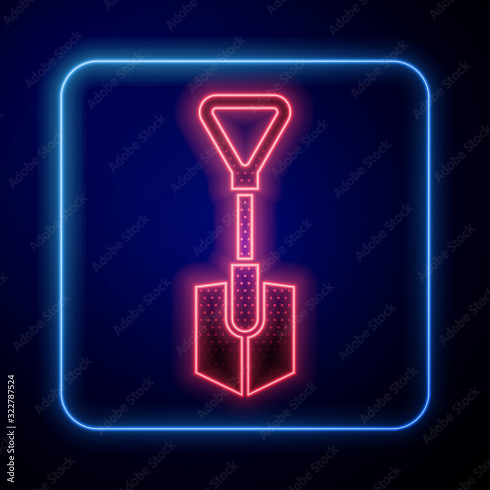 Glowing neon Shovel icon isolated on blue background. Gardening tool. Tool for horticulture, agricul