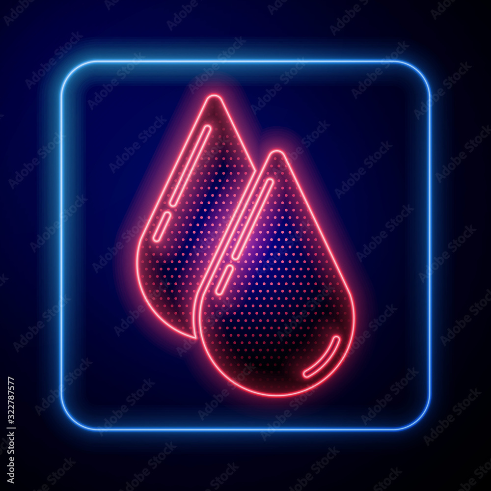 Glowing neon Water drop icon isolated on blue background.  Vector Illustration