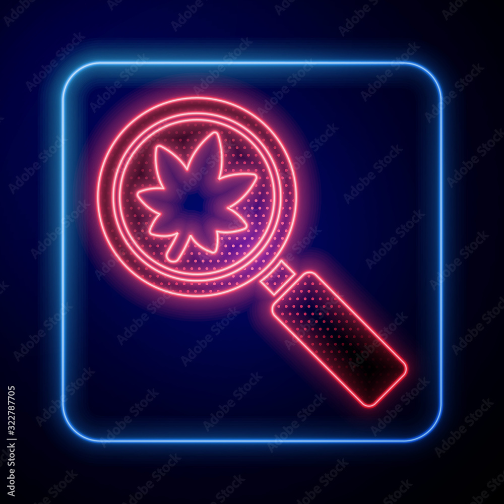 Glowing neon Magnifying glass with leaf icon isolated on blue background. Scientific biology, study 