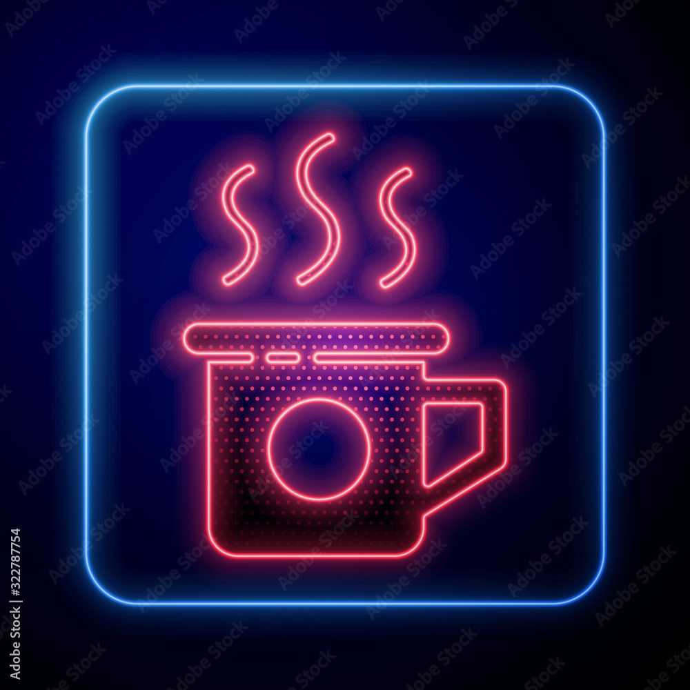 Glowing neon Cup of tea icon isolated on blue background. Sweet natural food.  Vector Illustration