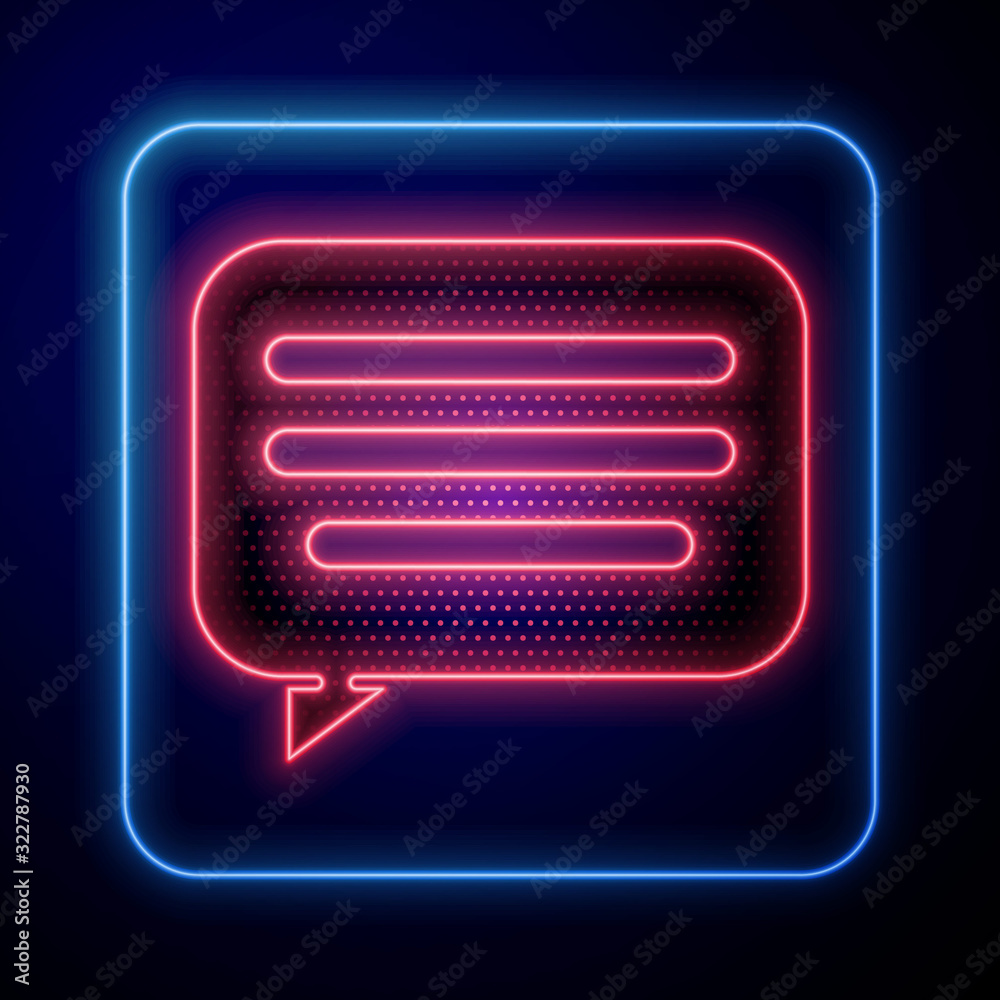 Glowing neon Speech bubble chat icon isolated on blue background. Message icon. Communication or com