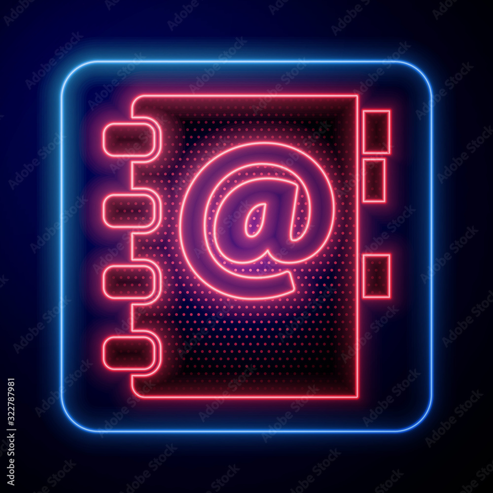 Glowing neon Address book icon isolated on blue background. Notebook, address, contact, directory, p