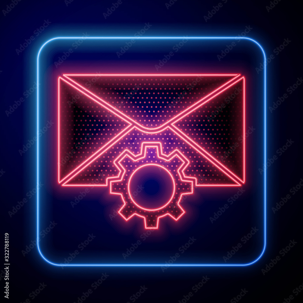 Glowing neon Envelope setting icon isolated on blue background.  Vector Illustration