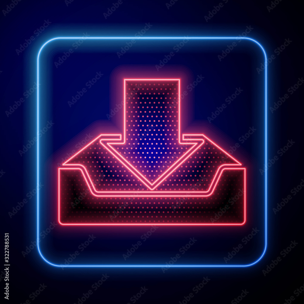 Glowing neon Download inbox icon isolated on blue background.  Vector Illustration