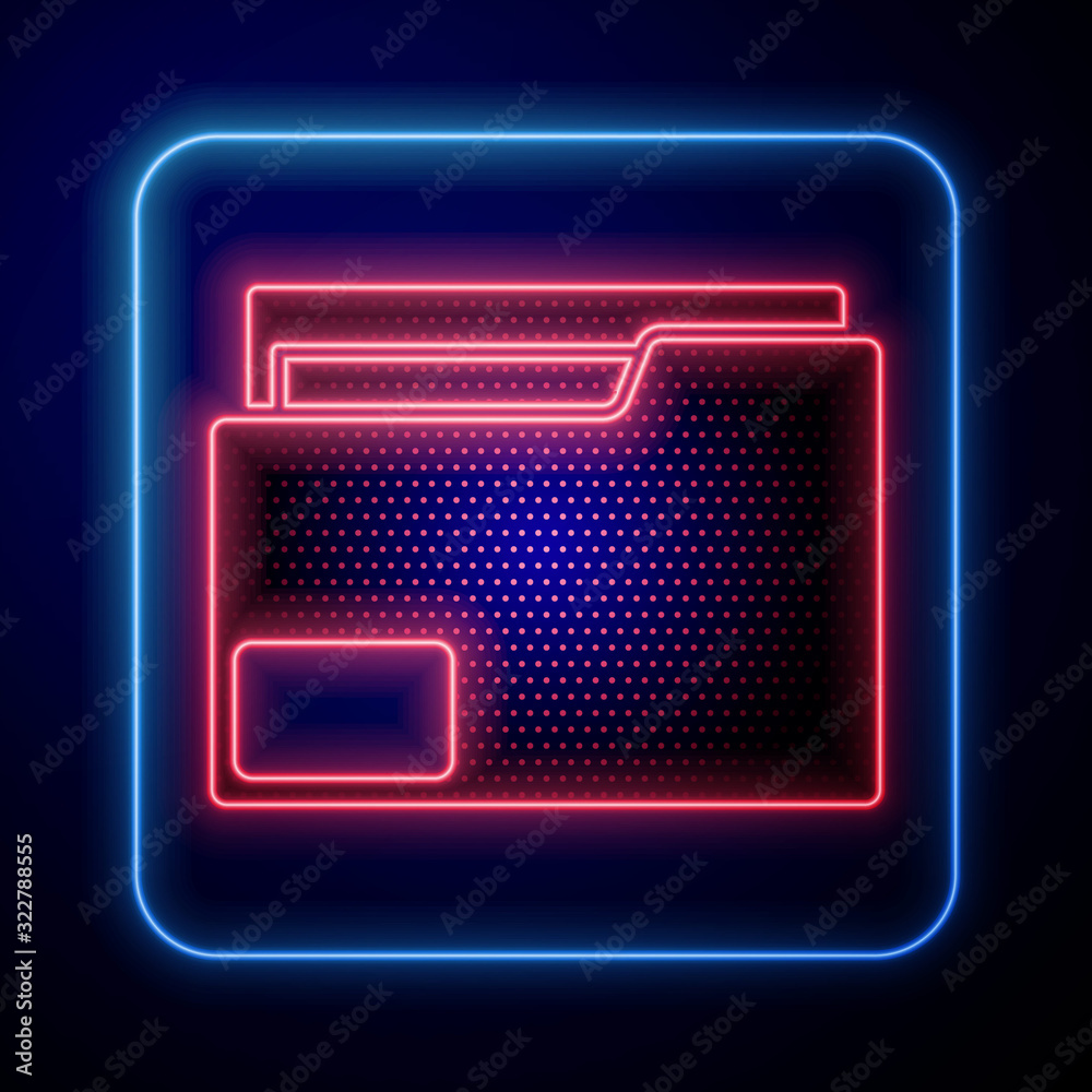 Glowing neon Document folder icon isolated on blue background. Accounting binder symbol. Bookkeeping