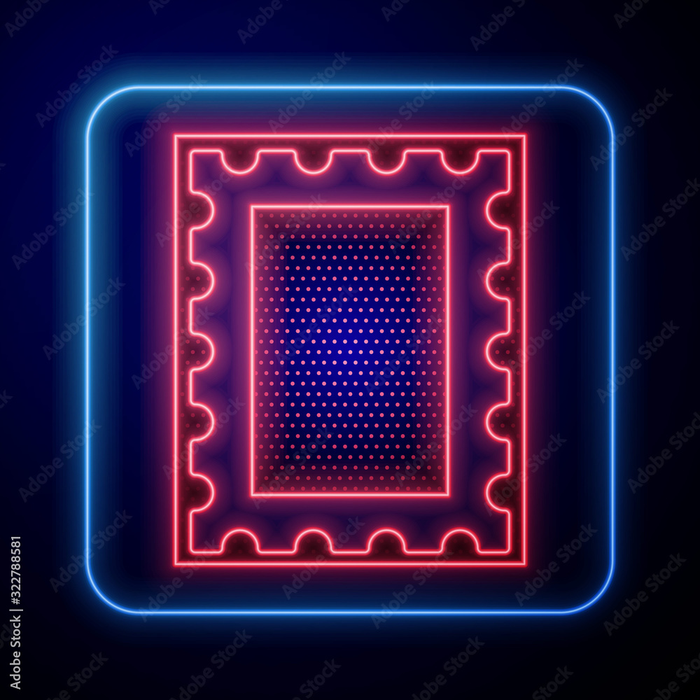 Glowing neon Postal stamp icon isolated on blue background.  Vector Illustration