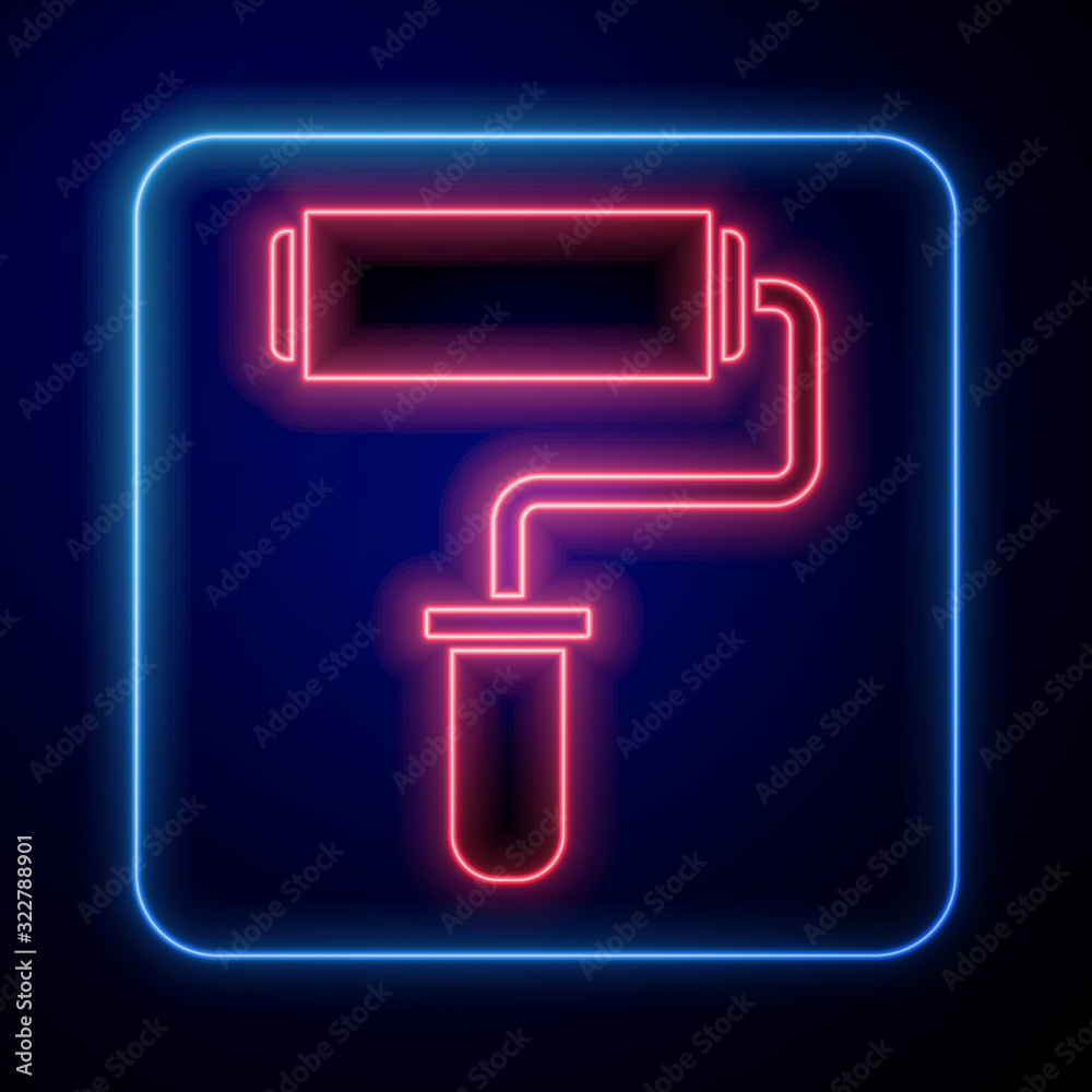 Glowing neon Paint roller brush icon isolated on blue background.  Vector Illustration