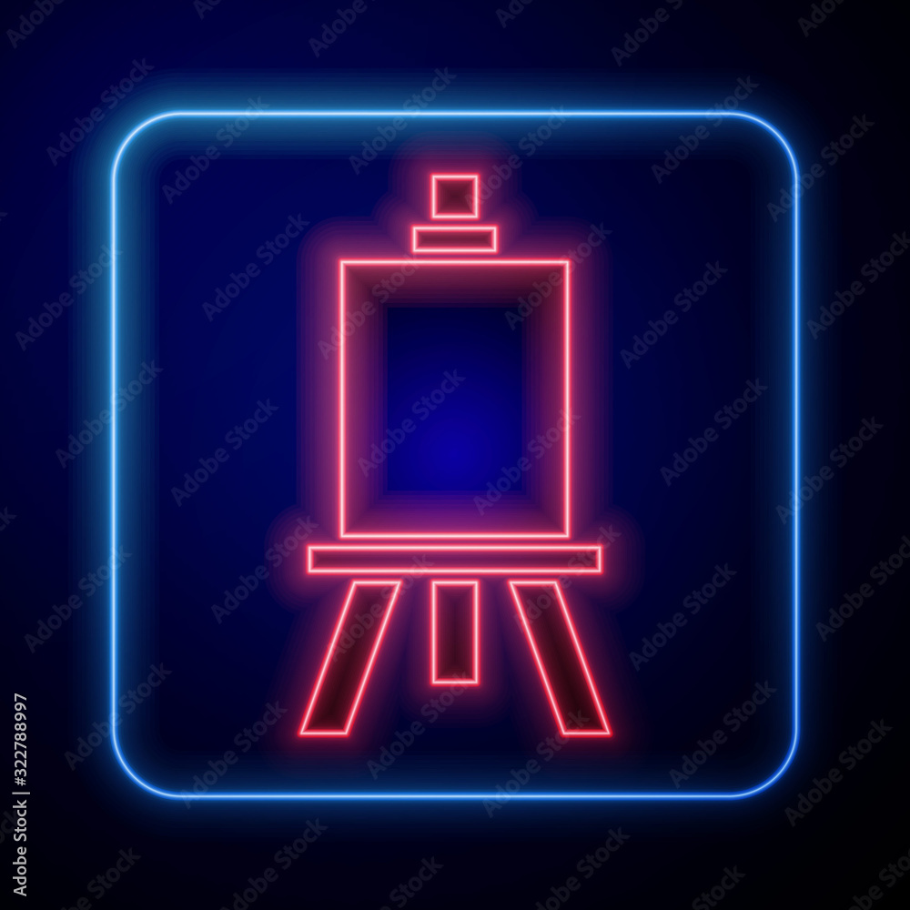 Glowing neon Wood easel or painting art boards icon isolated on blue background.  Vector Illustratio